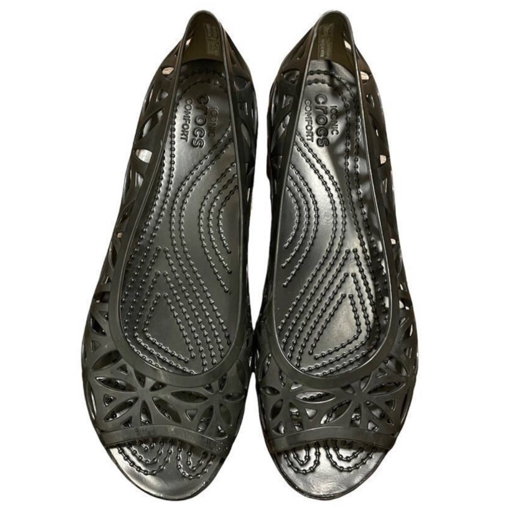 CROCS Open Toe Jelly Flats with Cutouts Black | Size 6
